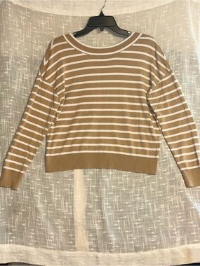 Express Striped Crewneck Sweater - Tan & White oversized